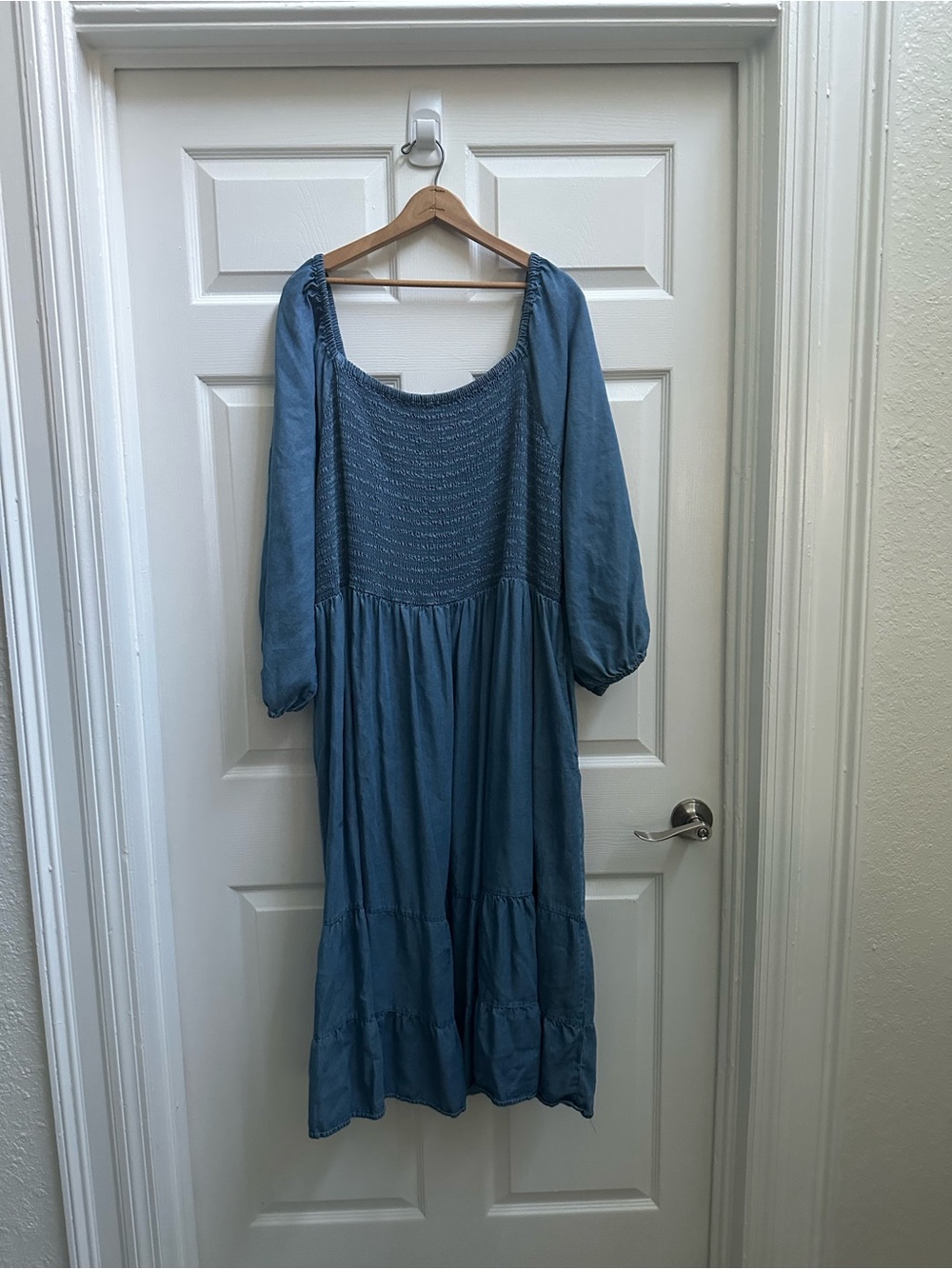 Terra & Sky Blue Smocked tiered Square-Neck Midi Dress
